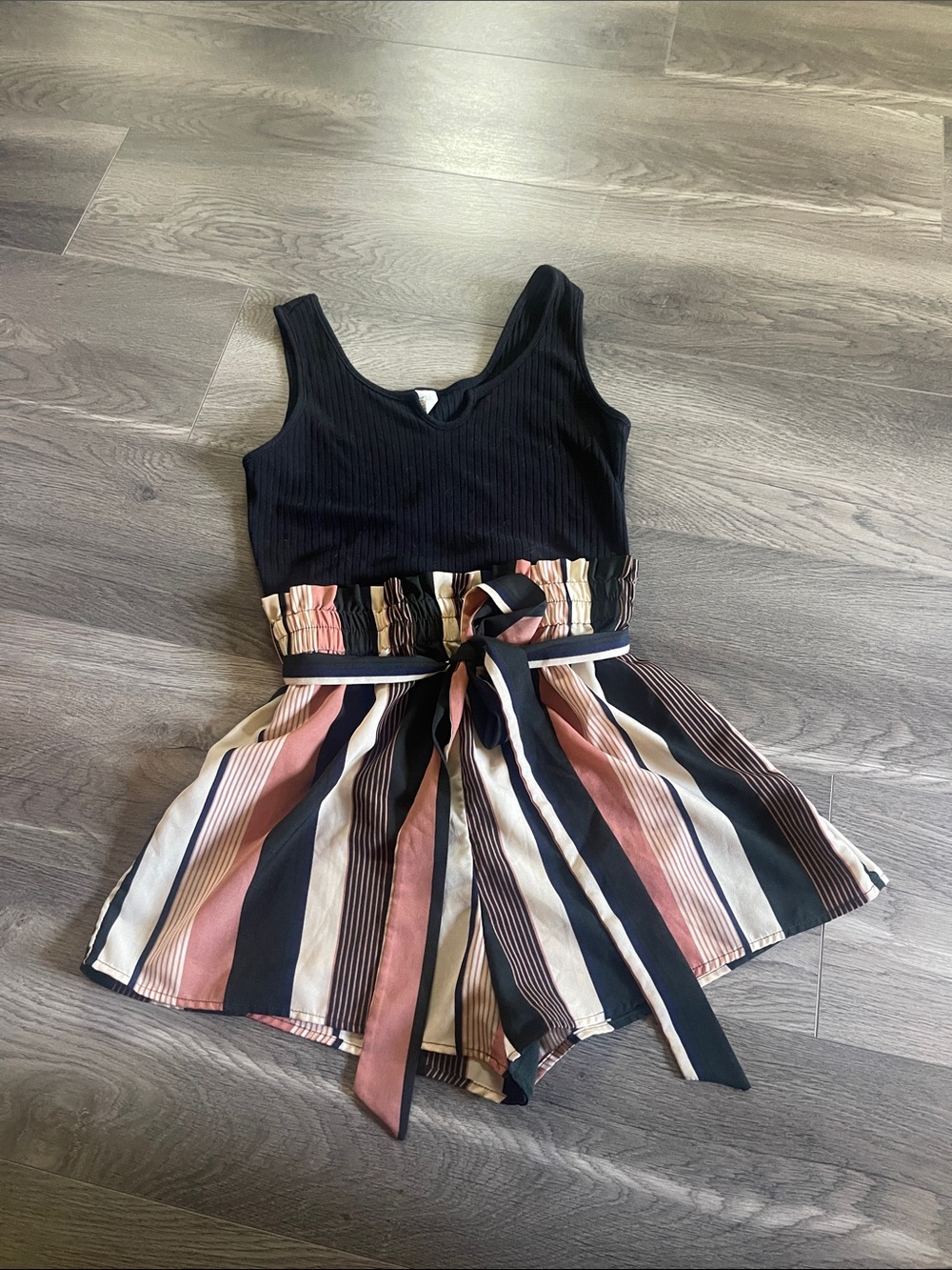 Striped Tie-Waist Romper with Black Ribbed Top